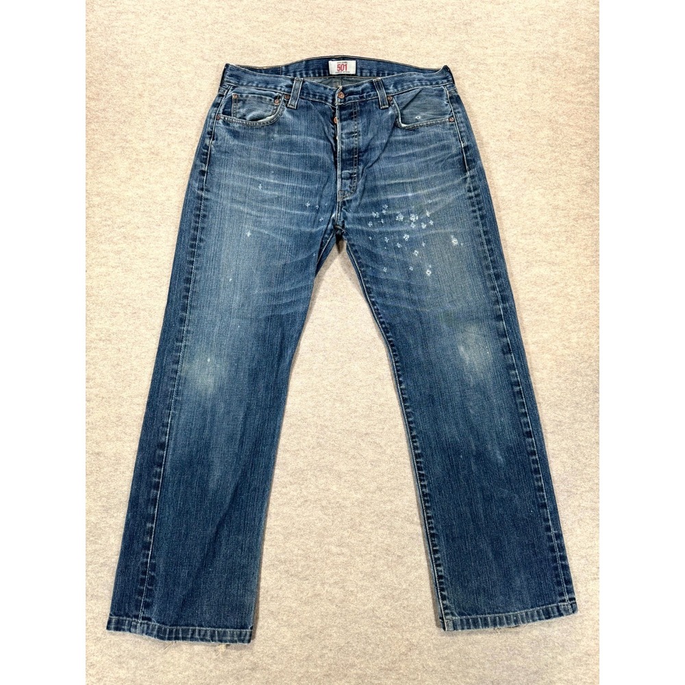 Levis 501 Original Straight Jeans Men 36x34 Blue Whiskering Denim Button Fly